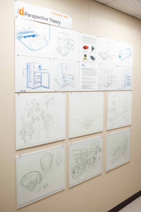 design sketches on bulletin board