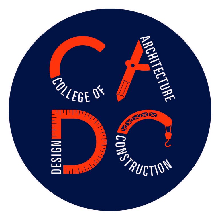 College of Architecture, Design and Construction in a blue circle with a protractor, ruler and crane.