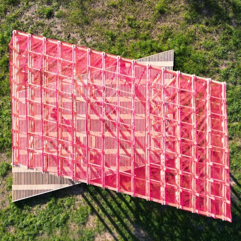Drone photo of pavilion by Auburn team at BuildFest 2024. Photography: Jordan Young