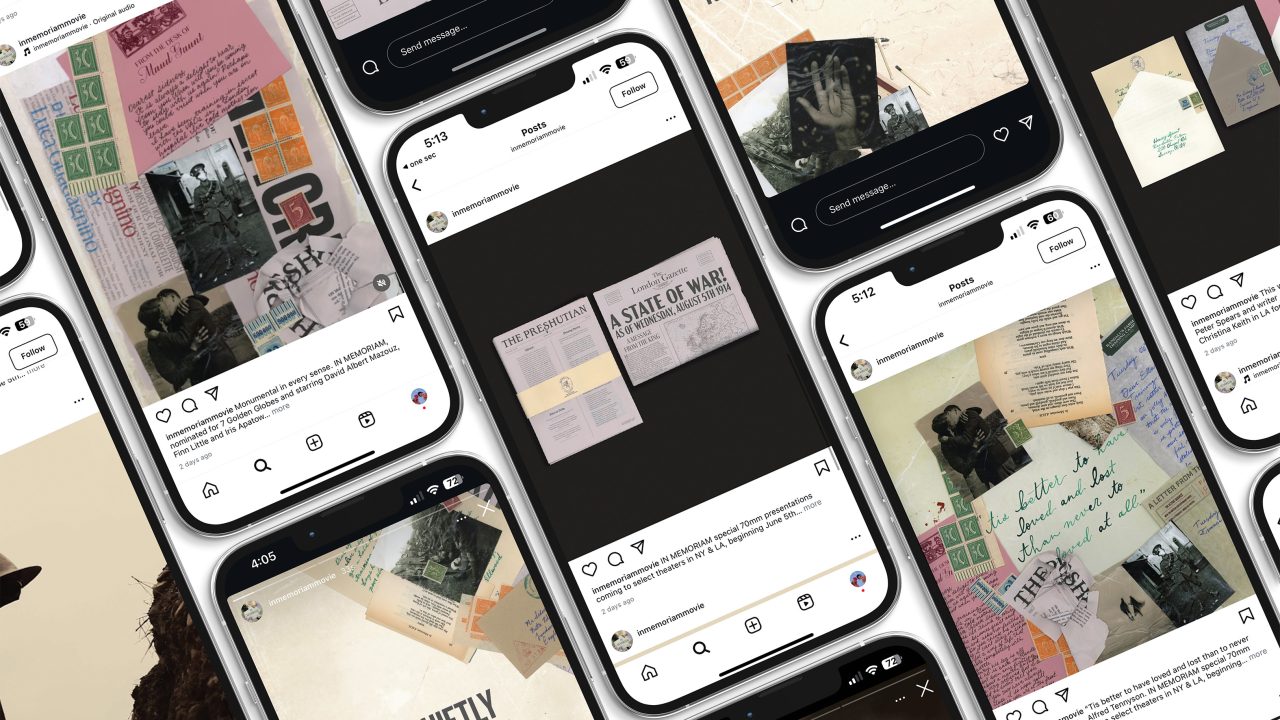 Multiple smartphones display various Instagram posts featuring collages of books, quotes, vintage photos, and text set against muted backgrounds.