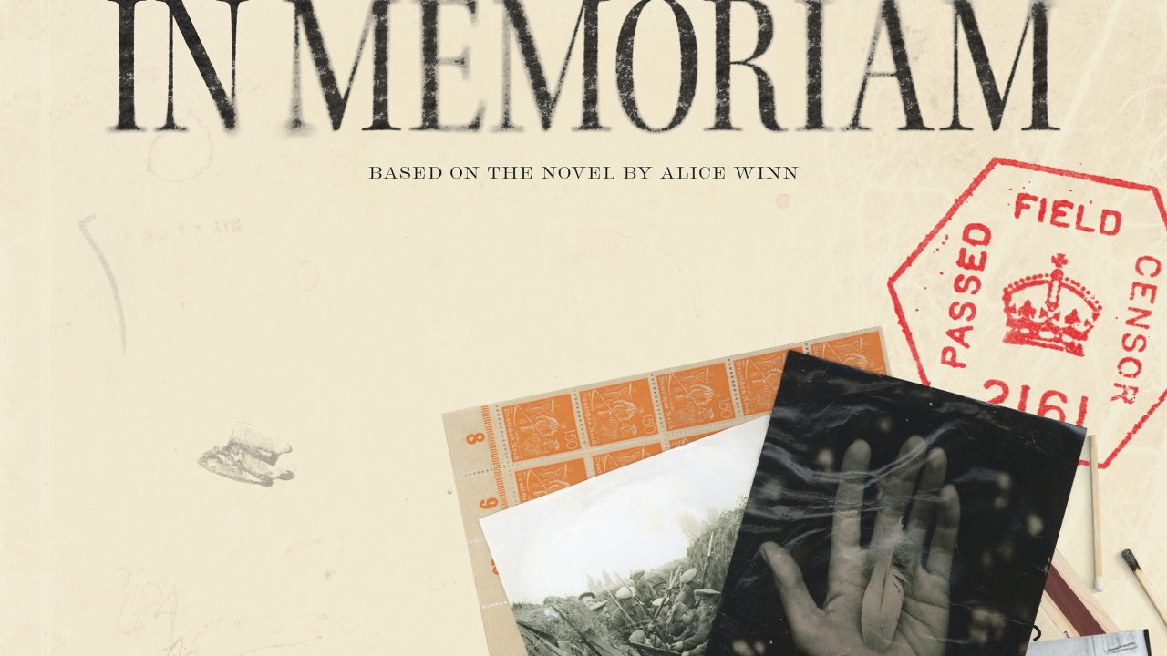 Movie poster for In Memoriam featuring vintage photographs, a hand pressed against glass, and a field postmark. Cast names and film credits are displayed at the top and bottom.