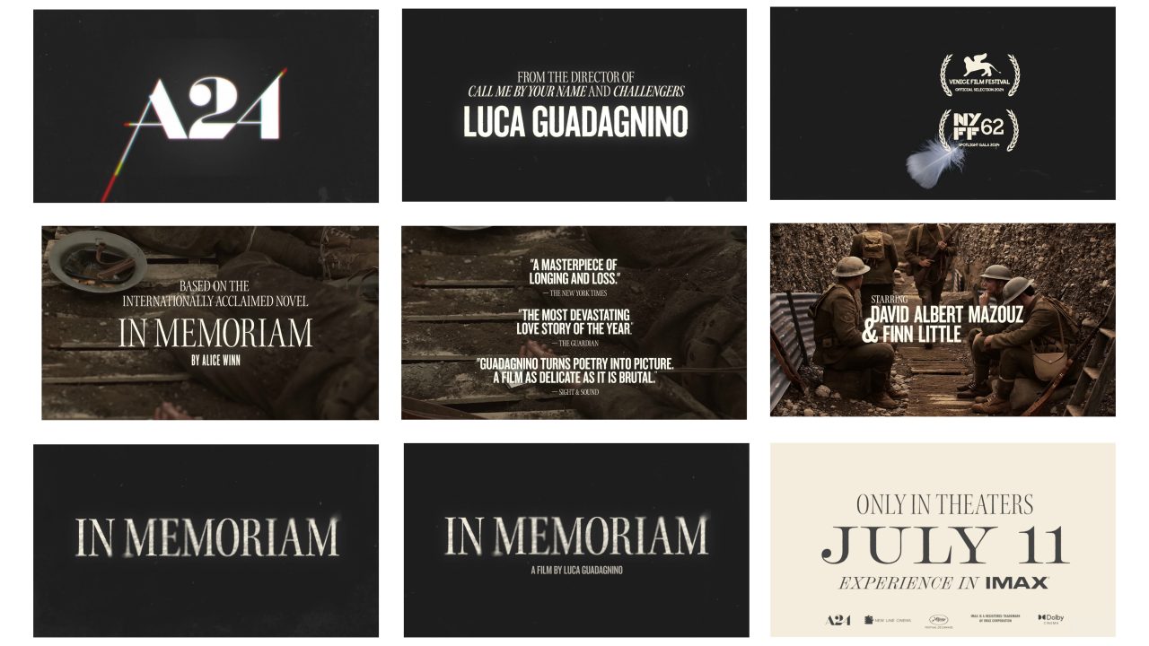 A collage of nine film teaser slides featuring the A24 logo, director Luca Guadagninos name, film festival selections, cast, release date July 11, and repeated title In Memoriam.