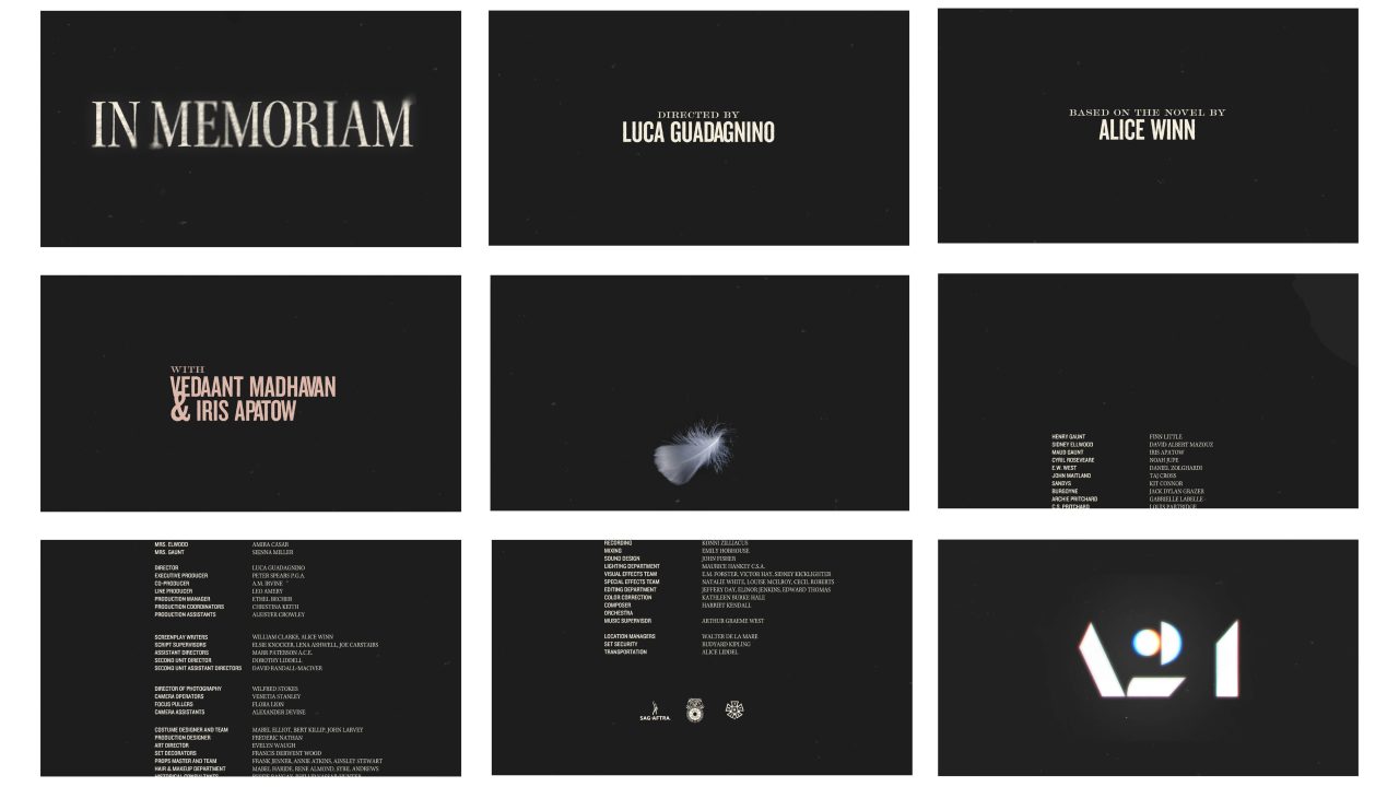 A series of nine black title cards with white text, including IN MEMORIAM, production credits, a feather image, and a stylized white and blue logo.