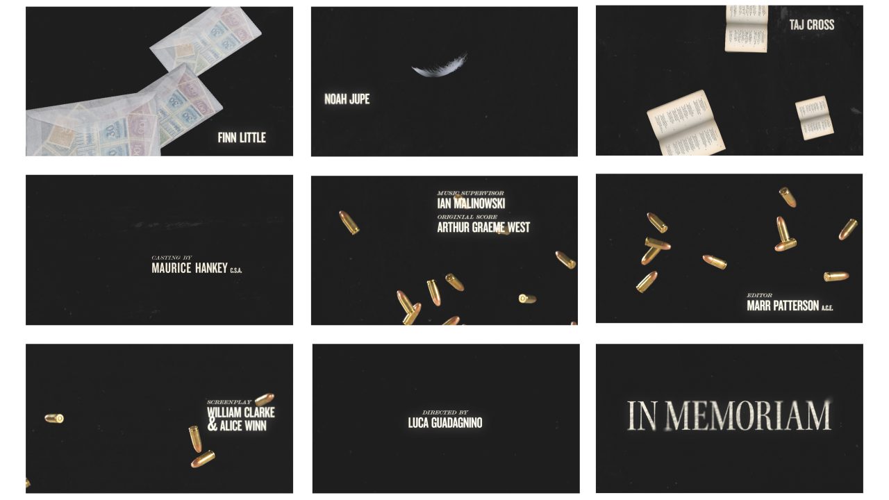 A film title sequence with black backgrounds, showing money, bullets, and credits for various cast and crew members, ending with the text IN MEMORIAM.