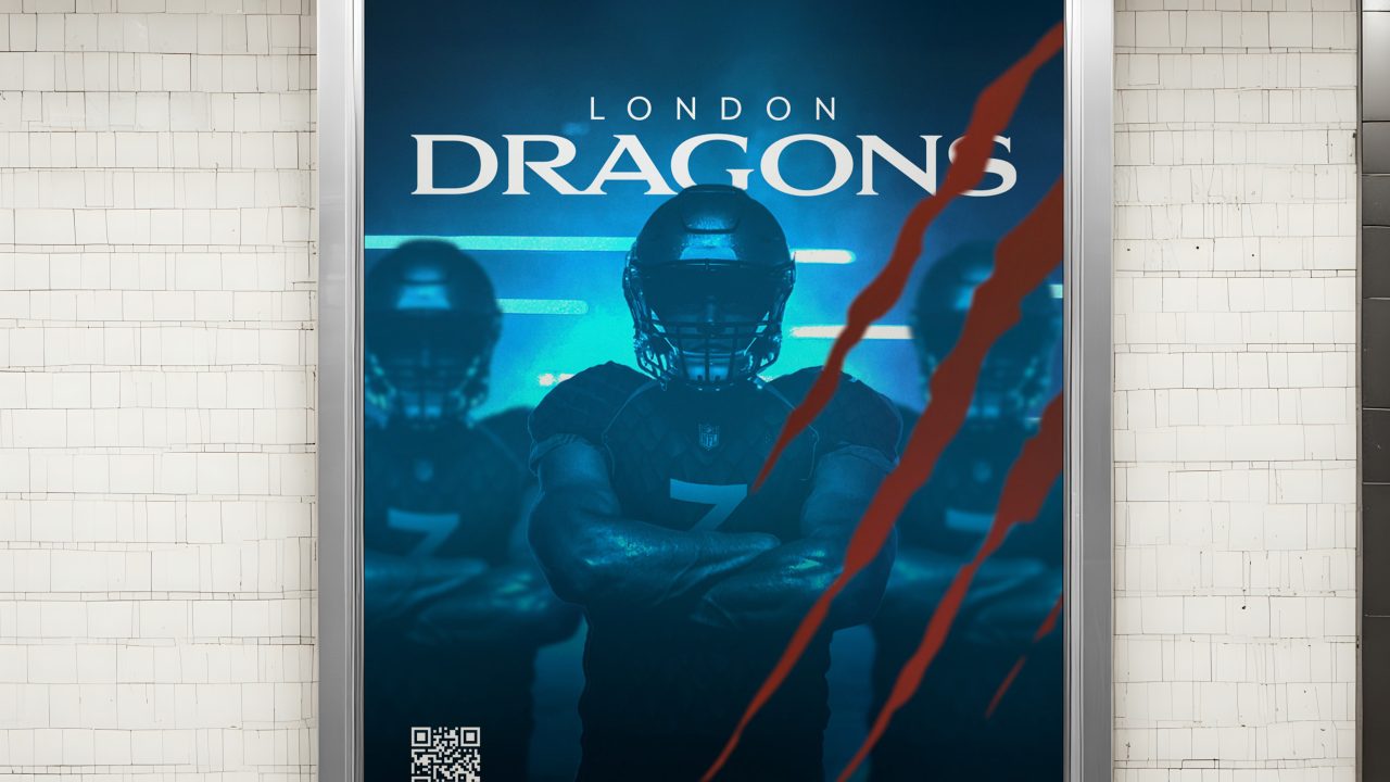 Poster in a subway station advertising the London Dragons football team, featuring three players, claw marks, a QR code, and the teams website and social handle.