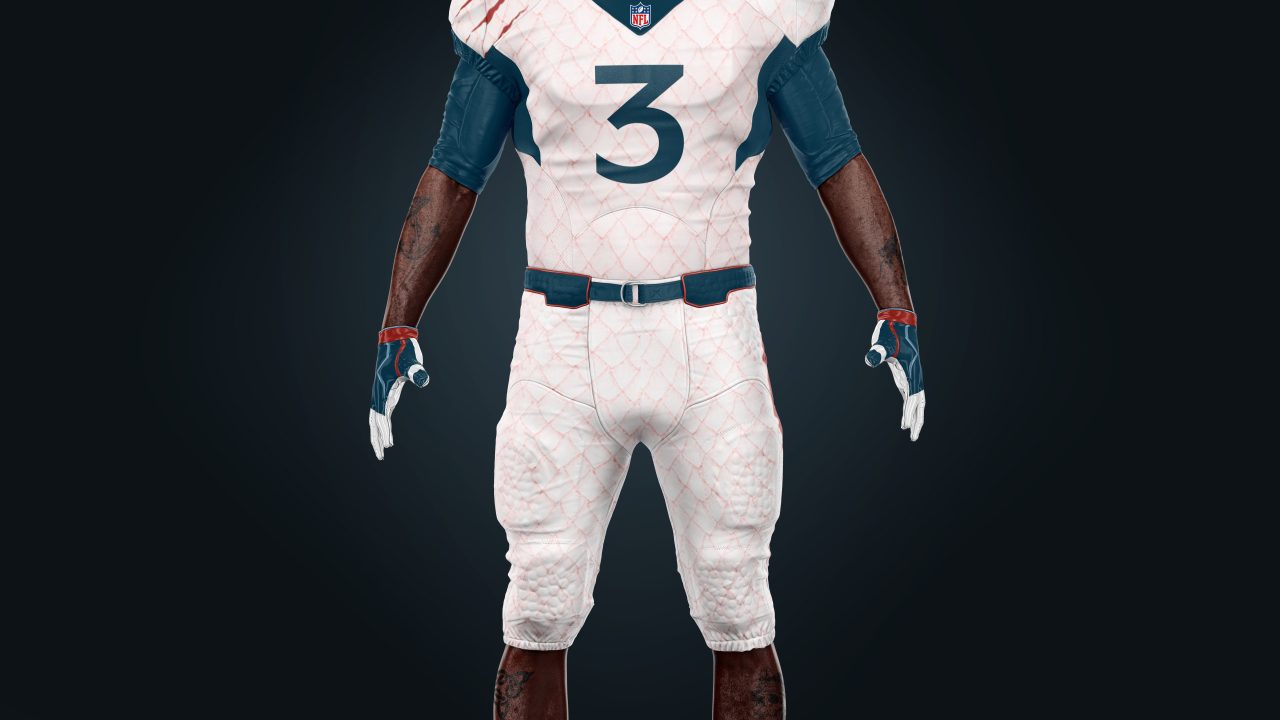 A football player in a white and blue uniform with the number 3 stands facing forward against a dark background.