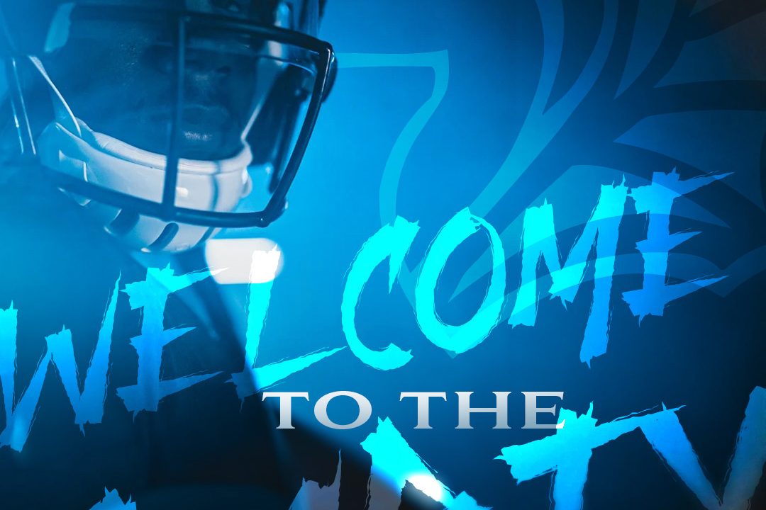 A football player in a helmet stands in blue lighting with Welcome to the Party written in bold, stylized text over the image.