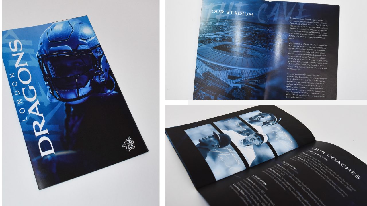 A booklet titled London Dragons is shown closed and open; inside pages feature stadium information, images, and details about coaches.