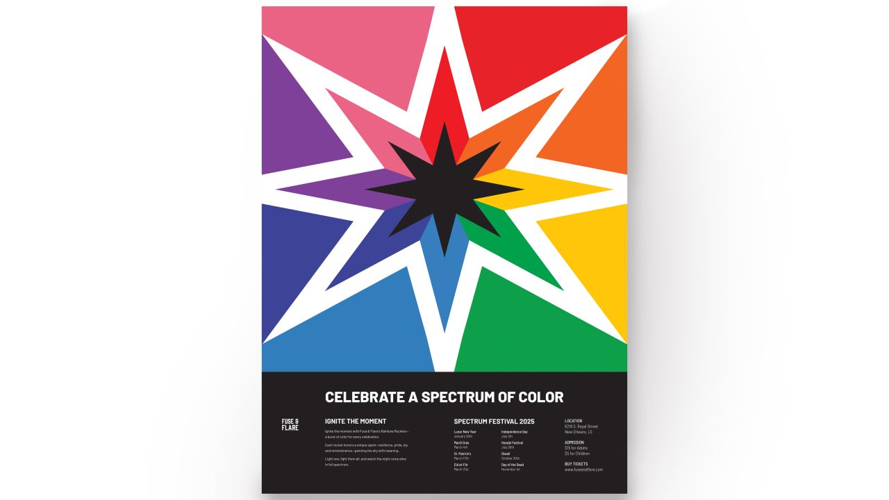 A colorful starburst design with rainbow colors on a poster that reads “CELEBRATE A SPECTRUM OF COLOR” above event details.
