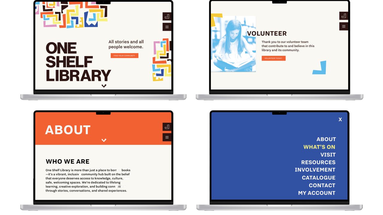 Four laptop screens display website pages for One Shelf Library, including the homepage, volunteer info, about section, and main menu with navigation links.