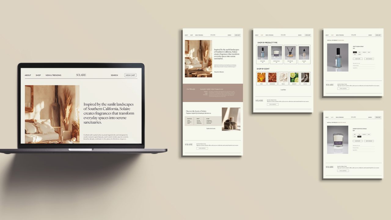 A laptop and five website mockups display an elegant, minimalist online store featuring fragrance products and product details on a beige background.