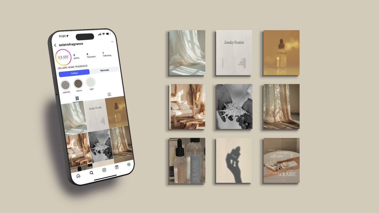A smartphone displays an Instagram profile next to a grid of nine minimalist, aesthetic product and lifestyle photos with neutral tones.