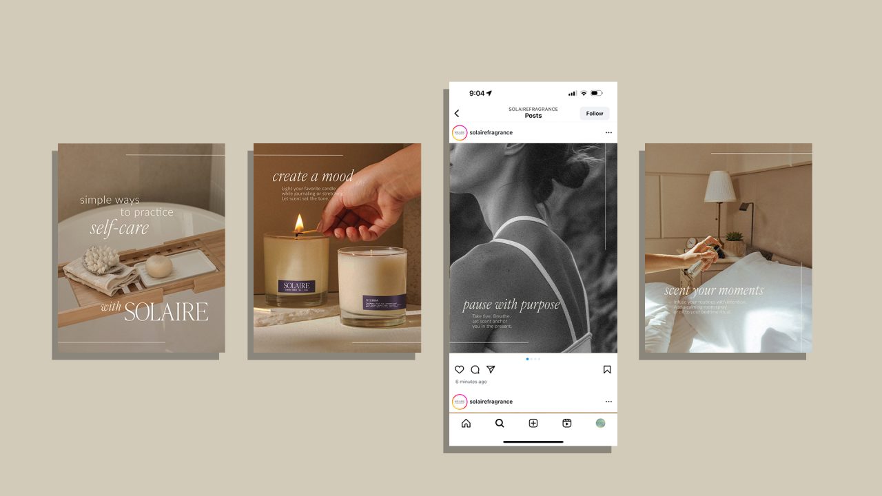 A collage of three wellness-themed posters featuring candles and a bed, alongside a smartphone displaying an Instagram post of a woman’s back with “pause with purpose” text.