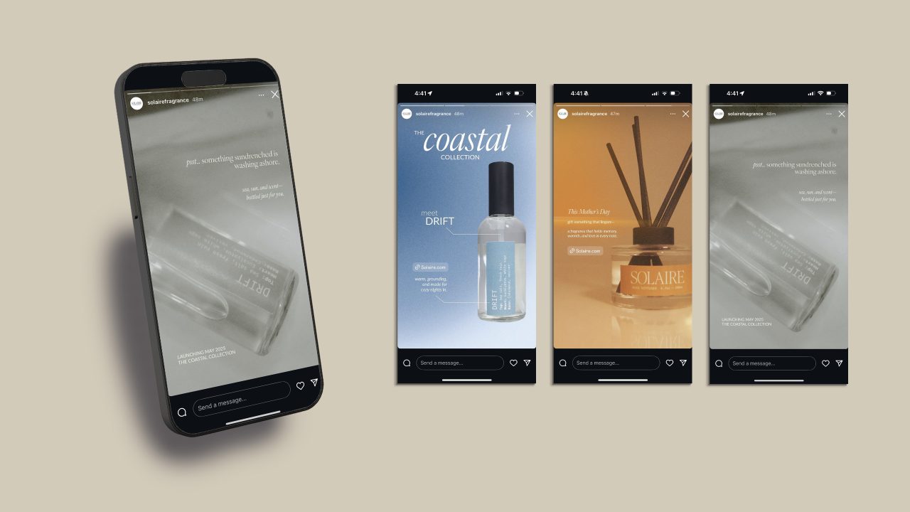 A smartphone displays Instagram stories featuring various fragrance products including a spray bottle labeled DRIFT and a reed diffuser labeled SOLAIRE on a neutral background.