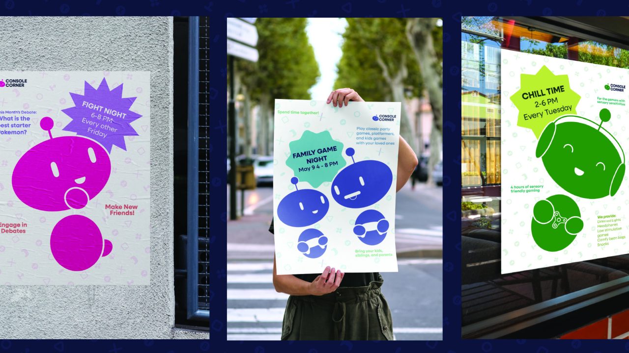 Three posters advertising different game night events, each with colorful graphics of abstract figures and event details, displayed outdoors in various urban settings.
