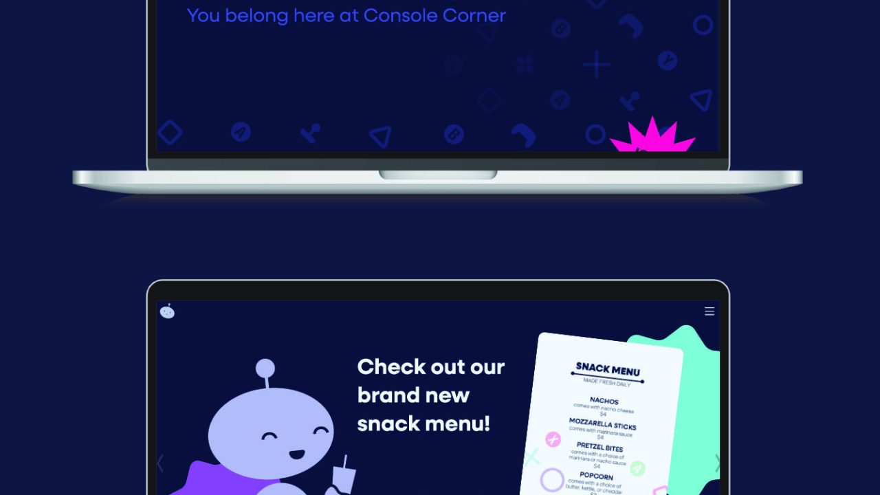 Two laptops display screens: the top shows Game. Chat. Connect. message; the bottom shows a cartoon robot next to a Snack Menu list, both on a dark blue background.