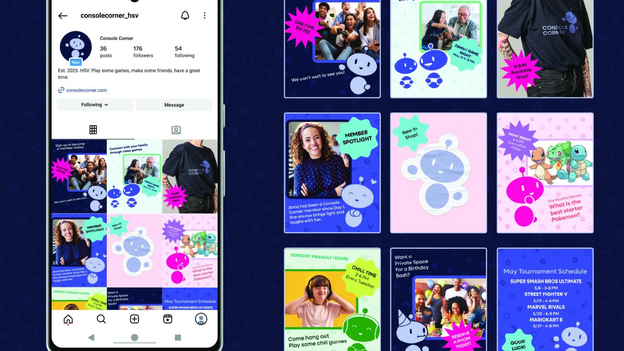 A smartphone displays an Instagram profile for Console Corner, shown beside a grid of eight colorful social media posts promoting gaming events and community activities.