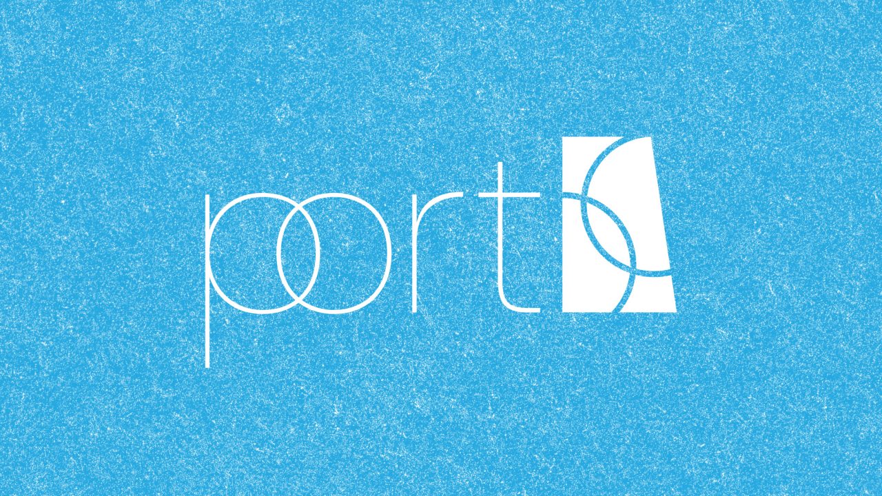 The word portal in thin white letters on a blue textured background, with the a formed by overlapping curved lines inside a white rectangle.