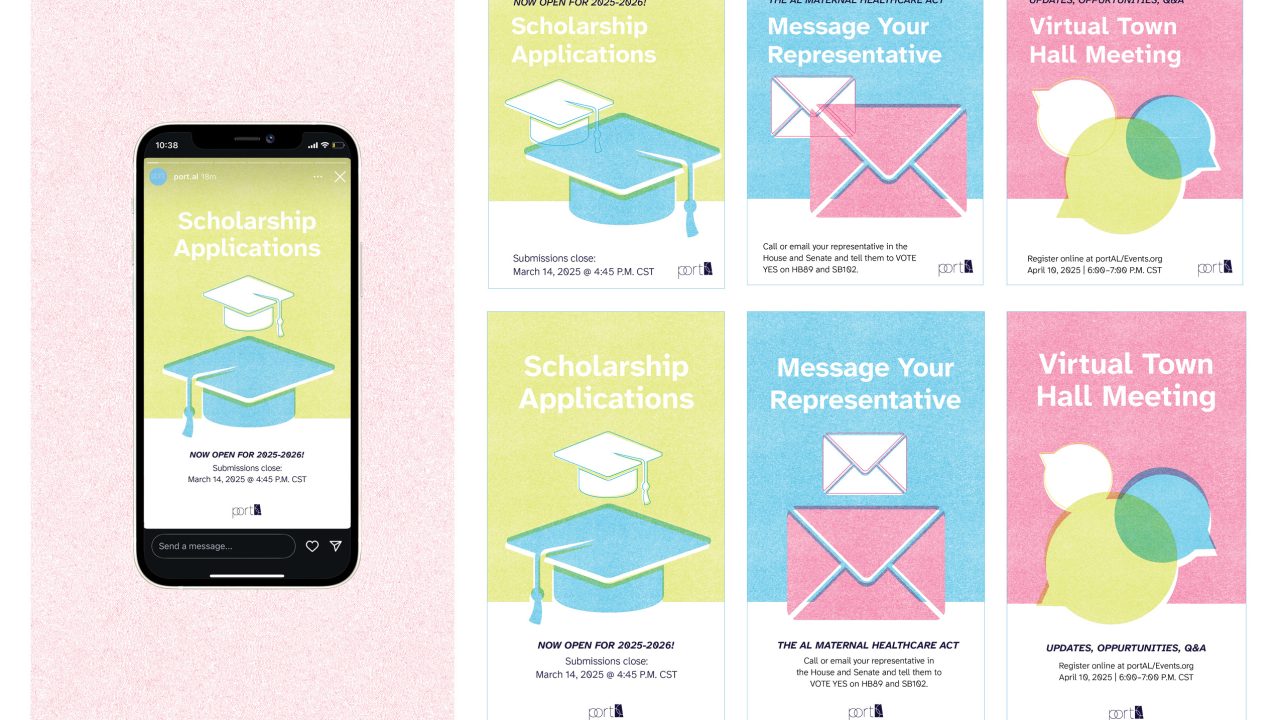 A smartphone and six colorful event flyers display announcements for scholarship applications, messaging representatives, and virtual town hall meetings, all with graduation and envelope icons.