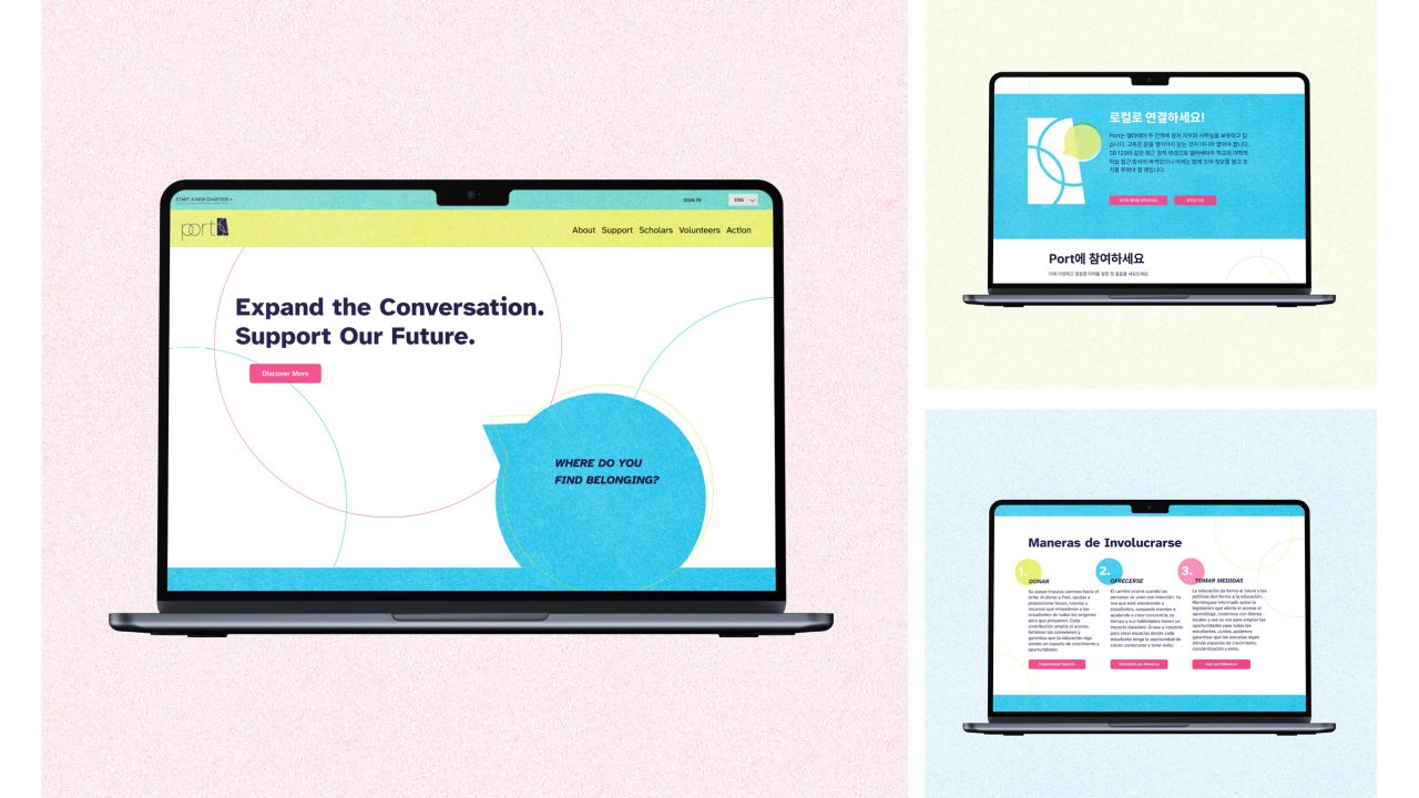 A collage displays a website on a laptop in English and Spanish, alongside a website section in Korean, all with a simple, modern design and colorful backgrounds.