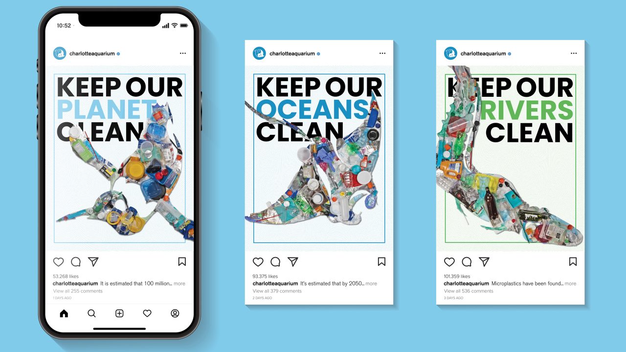 Three Instagram posts by an aquarium promote keeping the planet, oceans, and rivers clean, each featuring marine animals filled with images of plastic waste.