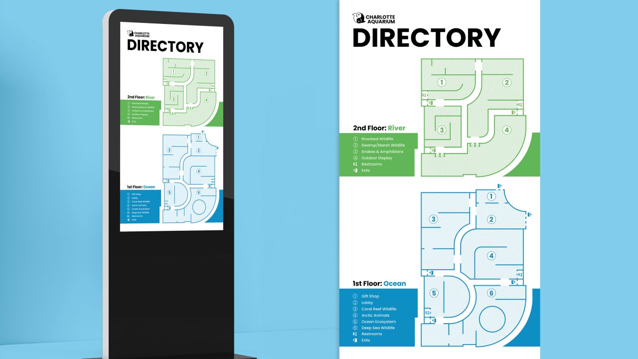 A digital kiosk and a vertical sign display a building directory with labeled floor maps and a list of locations for the 1st and 2nd floors against a blue background.