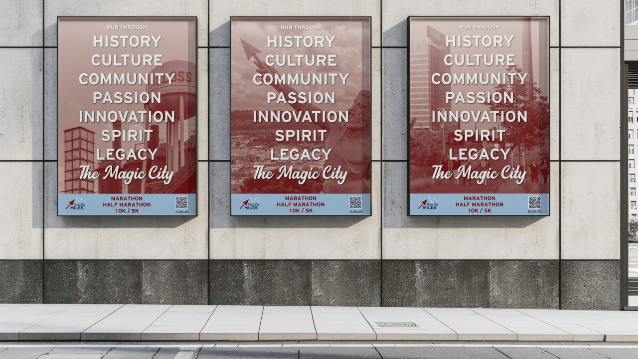 Three posters on a concrete wall promote a marathon event, highlighting themes like history, culture, community, passion, and innovation in The Magic City.