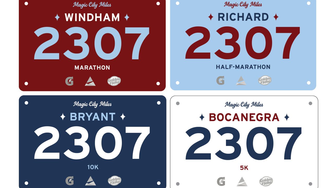Four race bibs for Magic City Miles, numbered 2307, labeled for Windham (Marathon), Richard (Half-Marathon), Bryant (10K), and Bocanegra (5K). Each has a different background color.