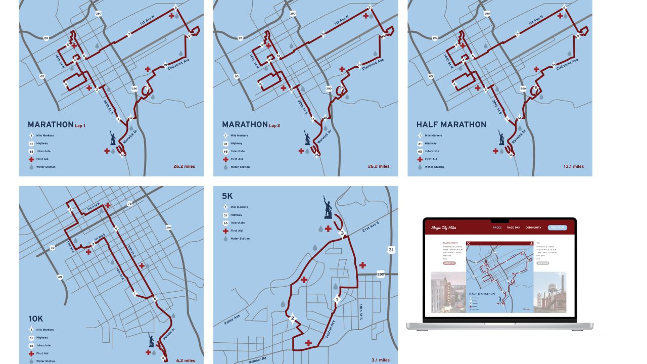 Five maps display marathon, half marathon, 10K, and 5K race routes on a city grid, alongside a laptop showing a website with one of the race maps.