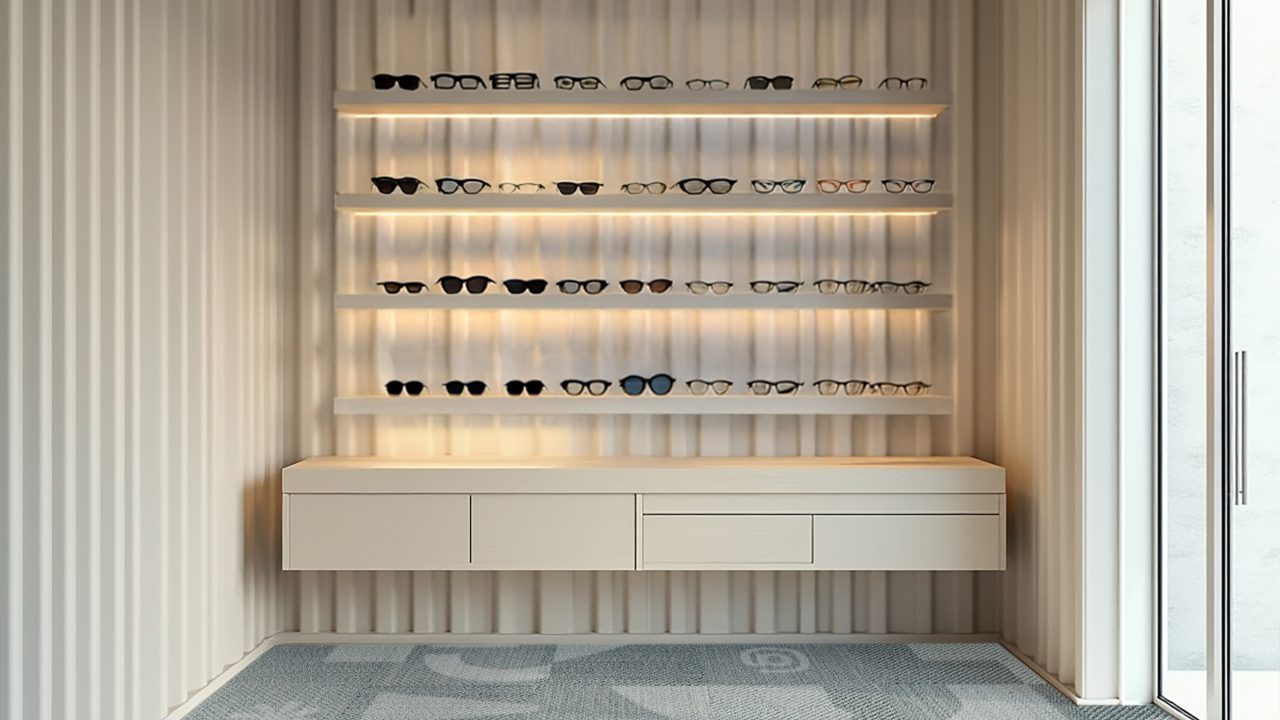 A minimalist eyewear display with four shelves holding various pairs of glasses, a floating cabinet below, and floor-to-ceiling windows on the right.