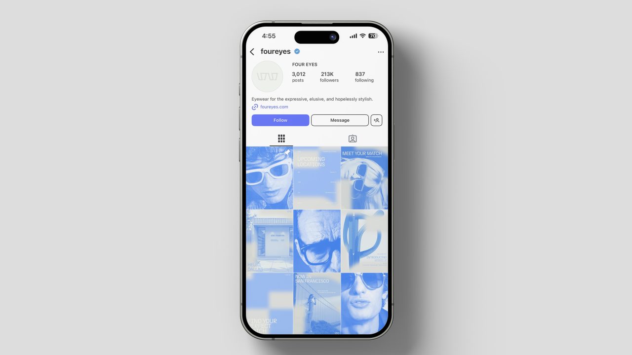 A smartphone displays an Instagram profile with a grid of blue-tinted photos, the username foureyes, and follower and following counts visible against a gray background.
