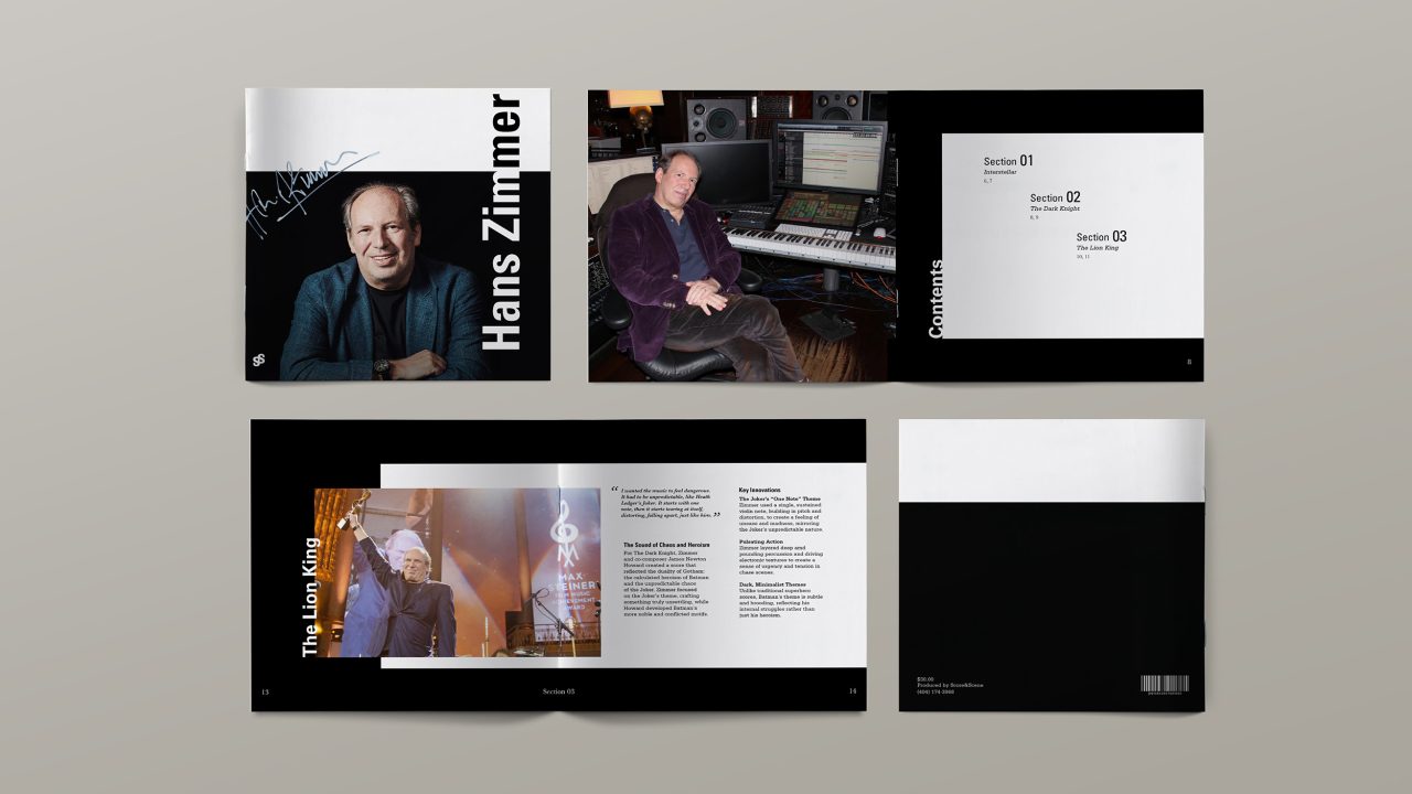A printed booklet featuring images of Hans Zimmer, a contents page, and sections about his work, including The Lion King, displayed against a neutral background.