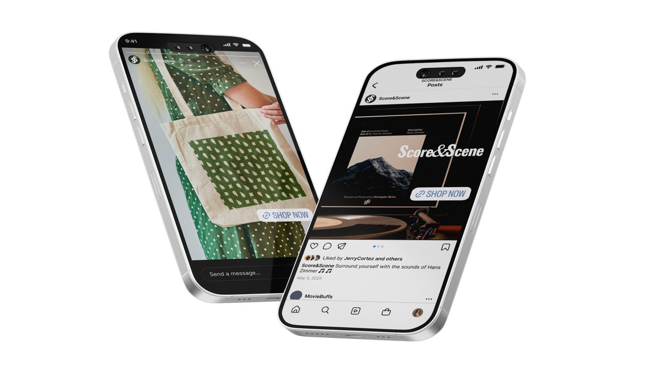 Two smartphones display social media posts; one shows a person holding a patterned tote bag, and the other shows a vinyl record player with an album cover.