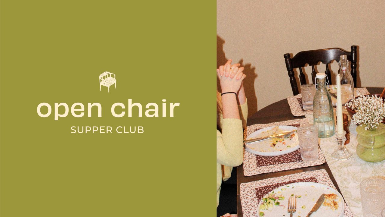 A split image with open chair SUPPER CLUB text on a green background left, and a dinner table with used plates, glasses, and people seated on the right.