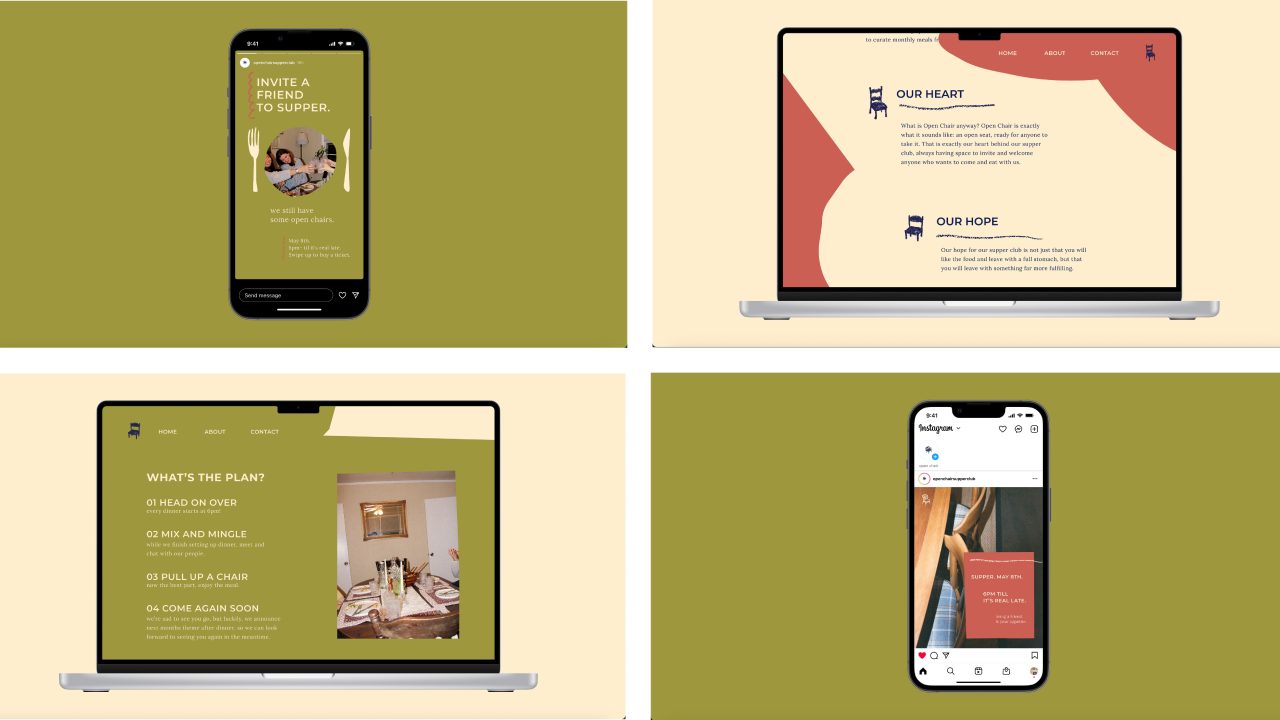 Four digital screens display a website and social media content for a supper event, featuring event details, photographs, and an invitation to join, all with a green and beige color scheme.