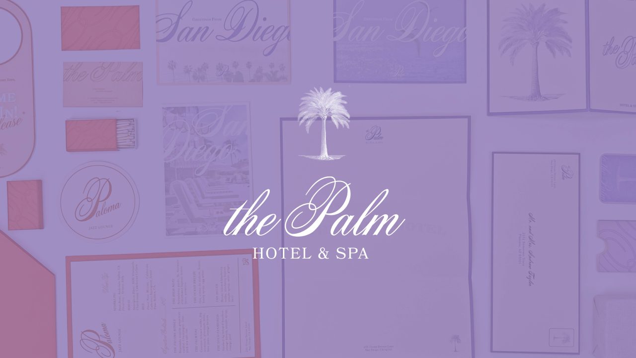A logo for The Palm Hotel & Spa appears over a purple-tinted background with various hotel stationery and printed materials displayed.
