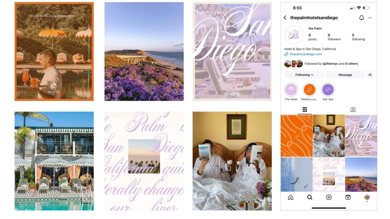 A collage shows photos of a hotel pool, ocean view, floral text graphics, people in robes holding books, and an Instagram profile for The Palm Hotel San Diego.