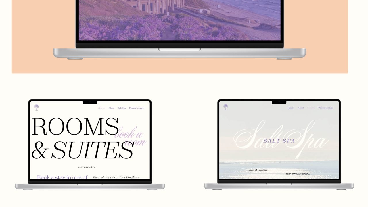 Five laptop screens display different web pages for The Palm Hotel & Spa, featuring sections for rooms, spa, about, and the Paloma Lounge, all with elegant fonts and pastel backgrounds.