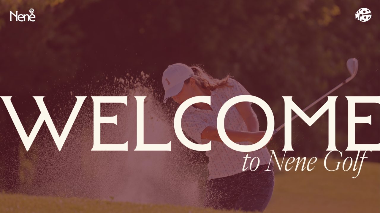A golfer swings on a course with sand flying in the background. Large text reads WELCOME to Nene Golf with logos in the corners.