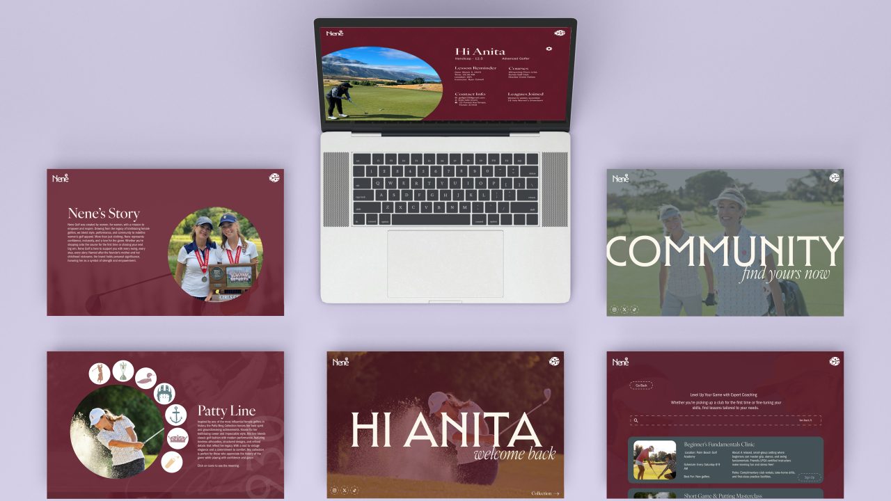 A laptop and five screens display a maroon-themed website with sections titled HI ANITA, COMMUNITY, Nene’s Story, and Patty Line, featuring photos and text.