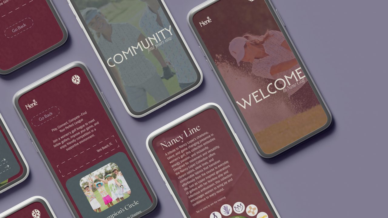 Several smartphones display a maroon and white golf-themed mobile app with sections titled Community, Welcome, Champion’s Circle, and Nancy Line on a purple surface.