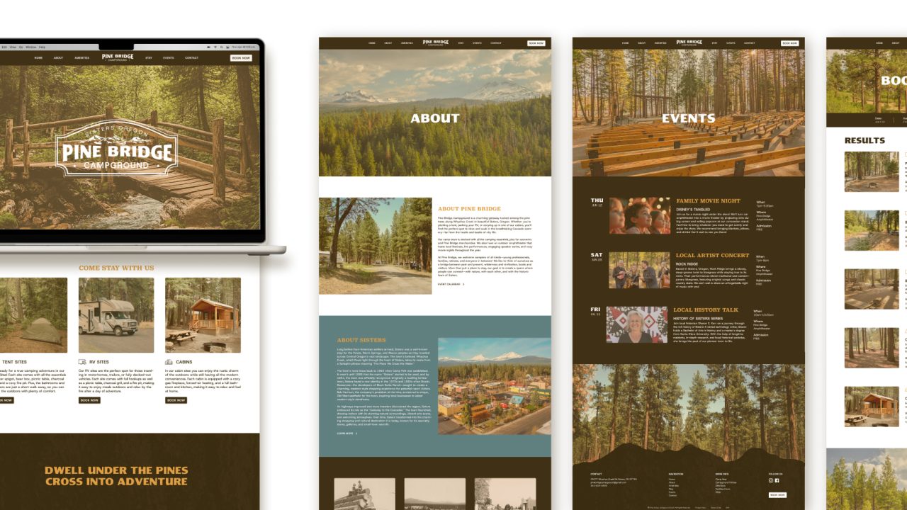 A website design mockup for Pine Bridge resort is displayed on a phone, laptop, and multiple webpage panels, showcasing booking, events, about, and accommodations sections.