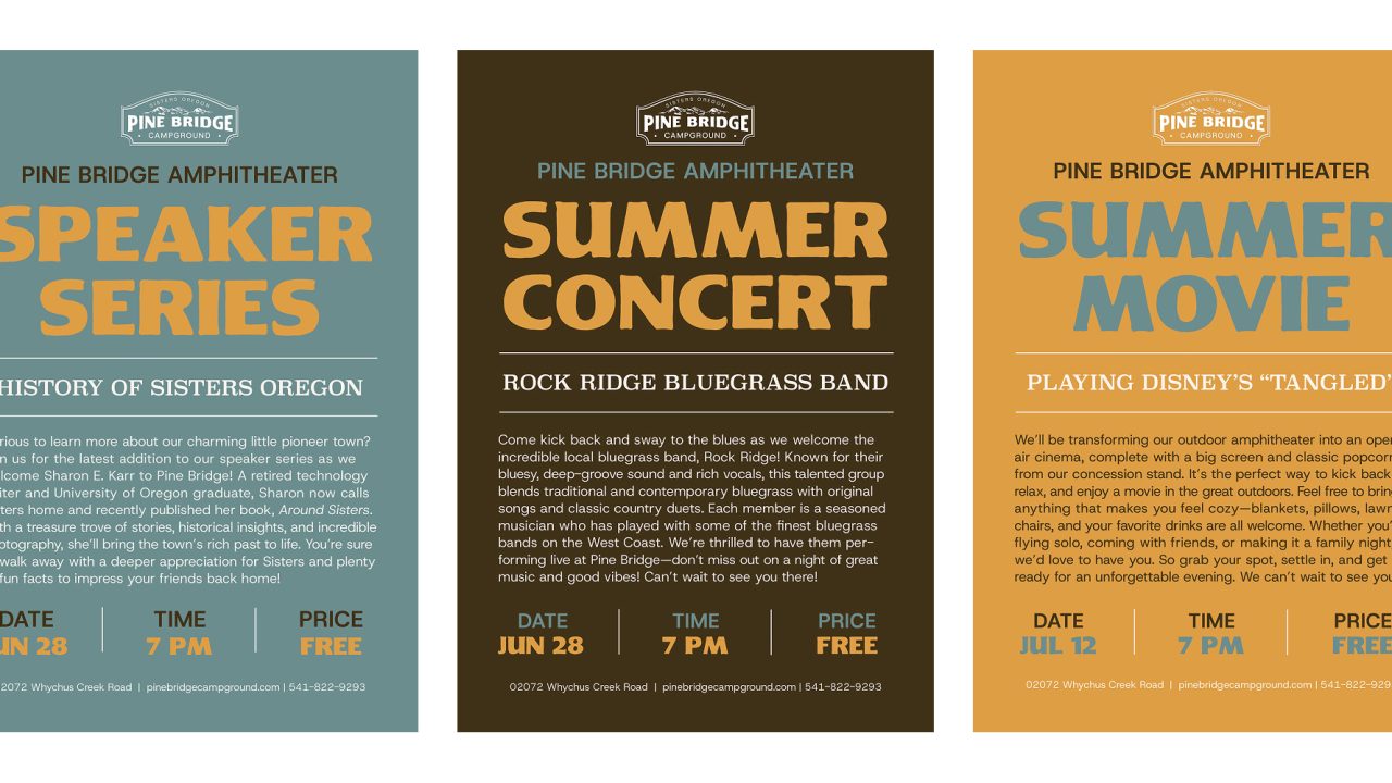 Three event flyers for Pine Bridge Amphitheater detail a speaker series, a summer concert, and a summer movie night with event dates, times, themes, and a “FREE” entry note on each.