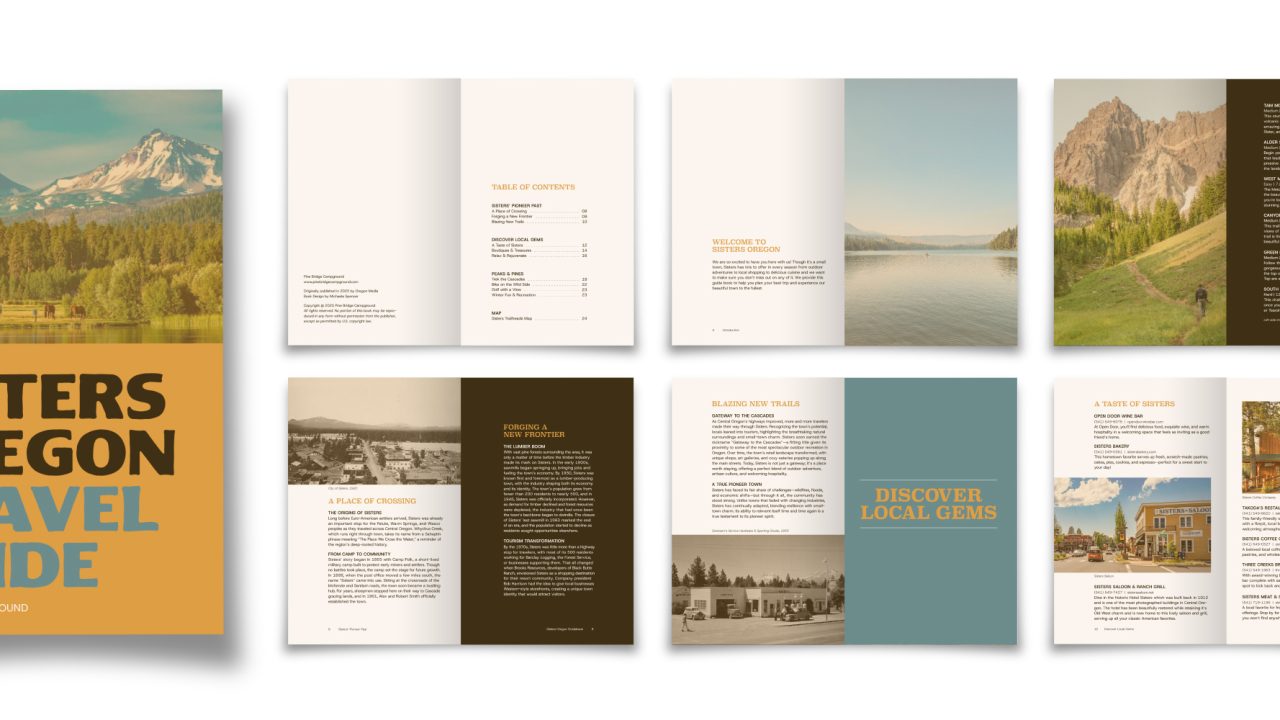 A travel guide for Sisters, Oregon is shown, featuring its cover and several inside pages with text, scenic photos, maps, and local information arranged in a clean layout.