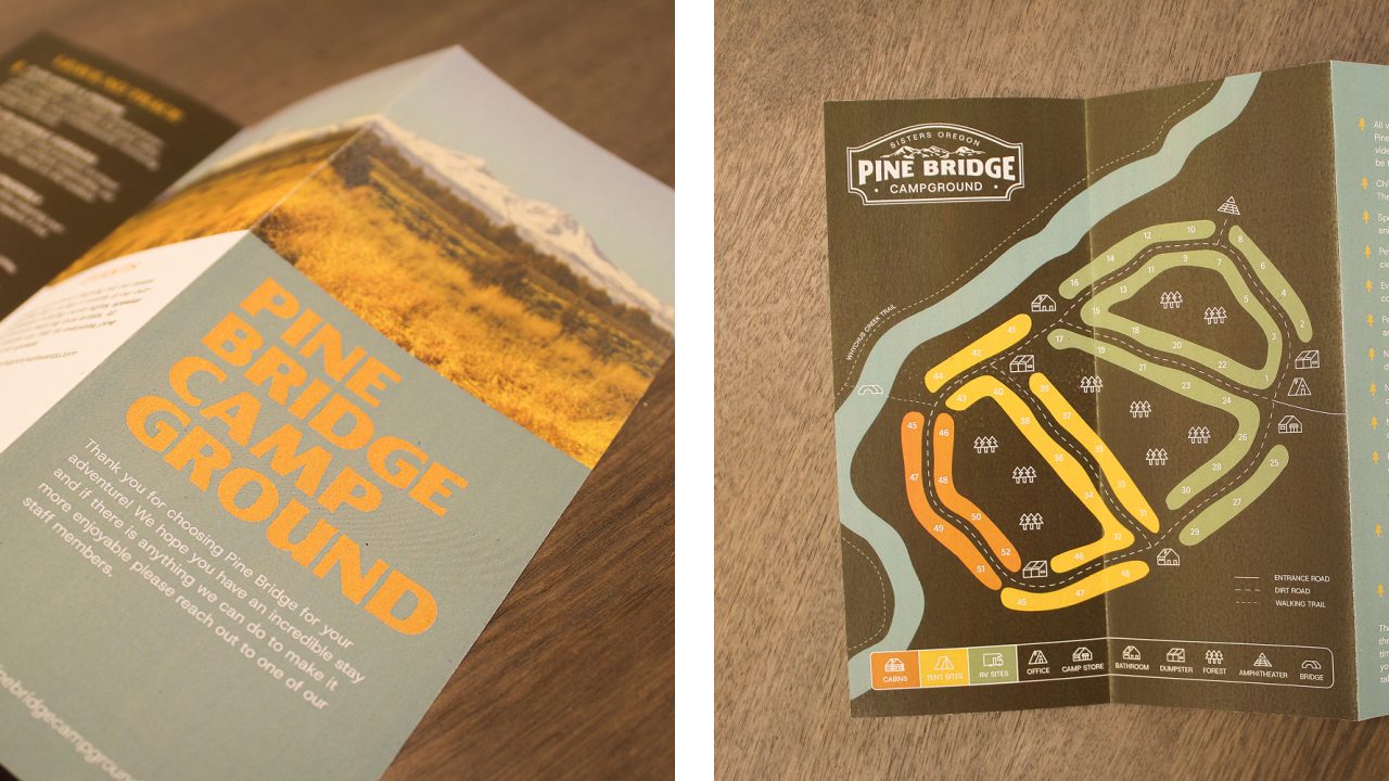A brochure for Pine Bridge Campground is shown, featuring a cover with text and a map layout of the campground with site numbers and icons for amenities.