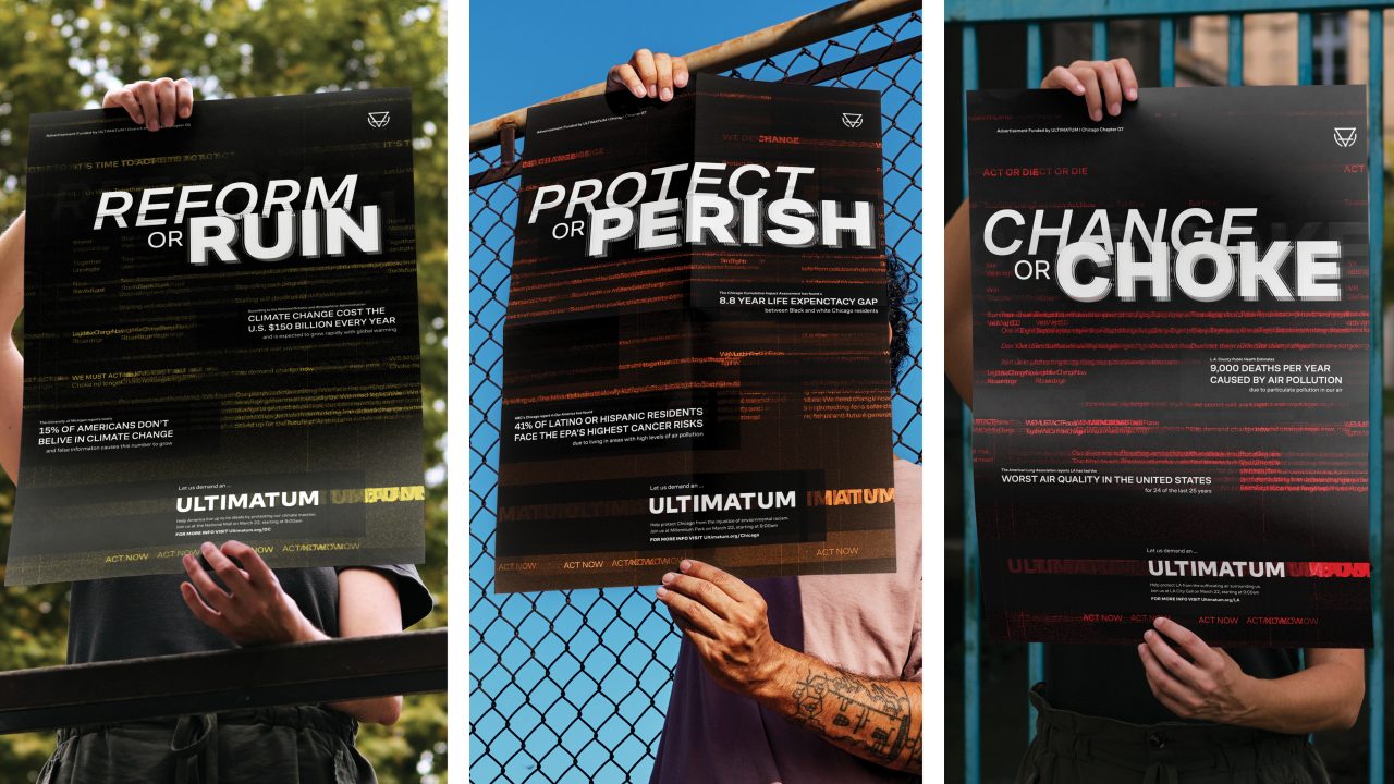 Three people each hold posters reading “REFORM OR RUIN,” “PROTECT OR PERISH,” and “CHANGE OR CHOKE,” with bold text and details about climate change statistics.