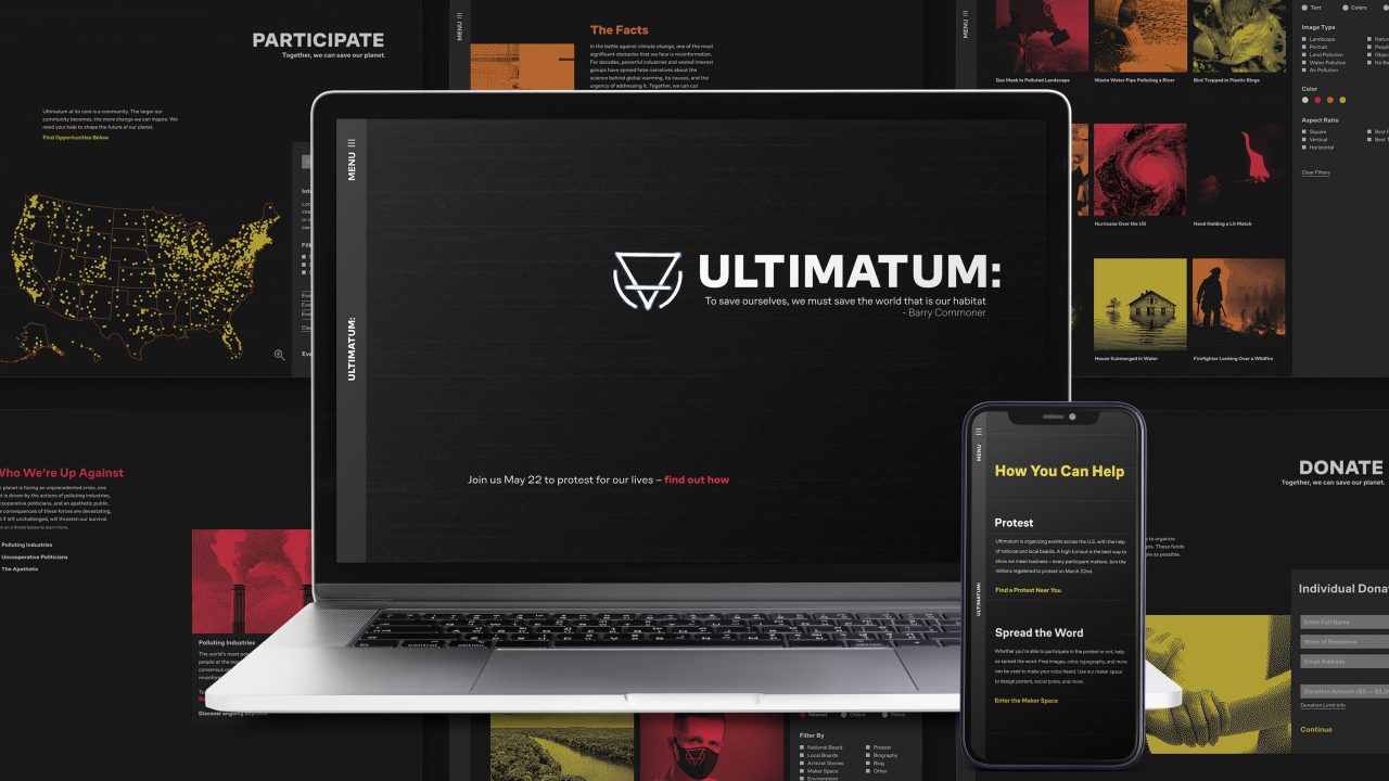 A laptop and smartphone display a website called Ultimatum, surrounded by screens showing maps, facts, calls to action, and donation information in a dark, bold color scheme.