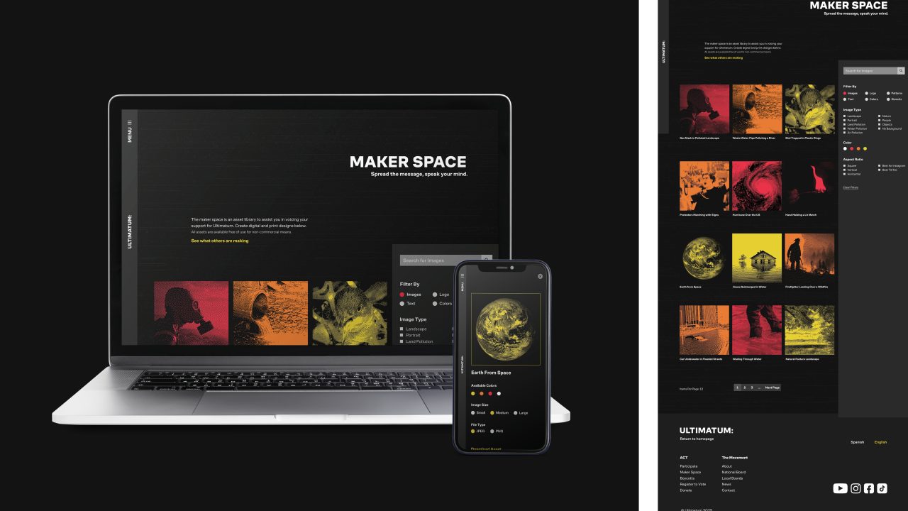 A laptop and smartphone display a dark-themed website mockup titled Maker Space with yellow and red graphic elements and a sidebar navigation menu.
