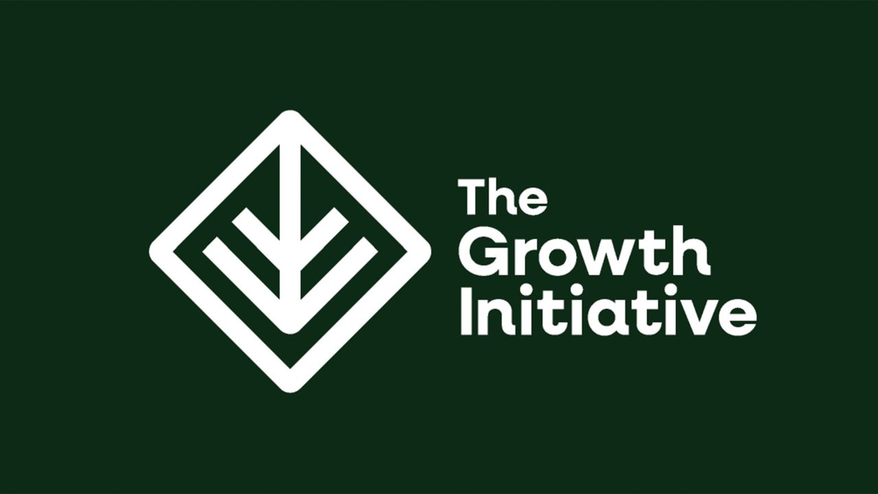White logo featuring a stylized downward arrow inside a diamond next to the text The Growth Initiative on a dark green background.