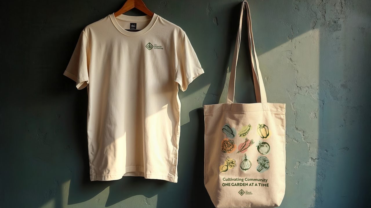 A beige t-shirt and a beige tote bag hang on a wall. The t-shirt has a small logo; the tote bag features illustrations of vegetables and text about cultivating community.